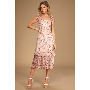 Lulus Terrace Views Taupe/ Pink Floral Print Tiered Midi w Tying Shoulder Straps